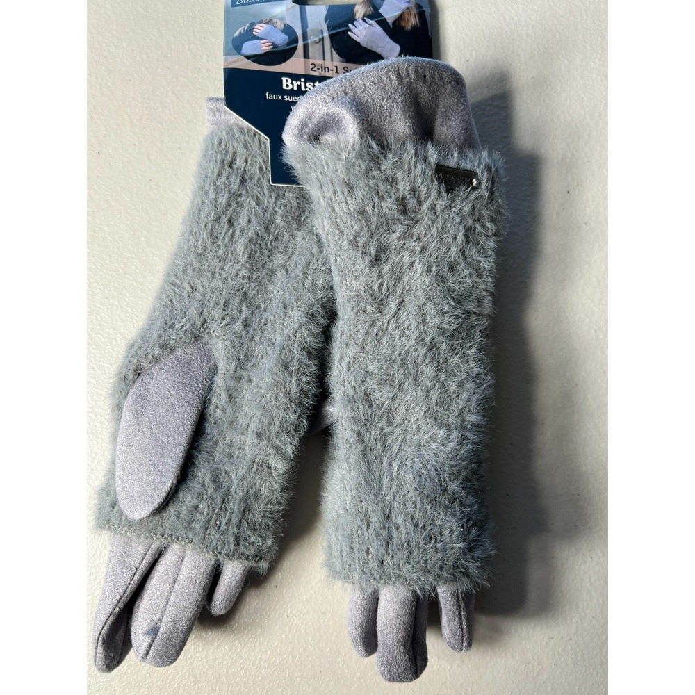 Britts Knits Bristol Gloves 2 in 1 Set Grey Faux Suede Feather Knit NWT